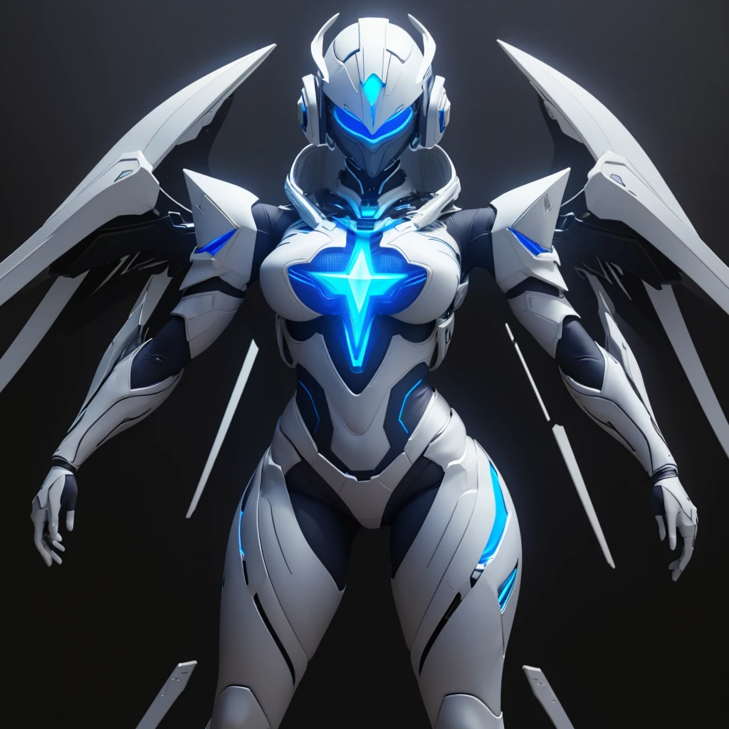 Dronificated unknown woman in a fully enclosed white latex fullbody suit with blue lights across the suit and star shaped glowing core in the chest, fully enclosed cyber helmet that cover her whole face and hides her identity with a blue screen that has a white star, huge breast, massive chest, narrow waist, wide hips and thick thighs, open Mechanical wings, in a spaceship, no face, no hair, no mouth, no eyes, (perfect anatomy)