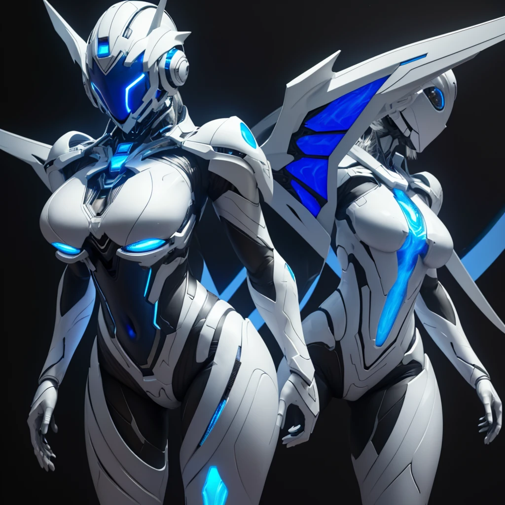 Dronificated unknown woman in a fully enclosed white latex fullbody suit with blue lights across the suit and star shaped glowing core in the chest, fully enclosed cyber helmet that cover her whole face and hides her identity with a blue screen that has a white star, huge breast, massive chest, narrow waist, wide hips and thick thighs, open Mechanical wings, in a spaceship, no face, no hair, no mouth, no eyes, (perfect anatomy)