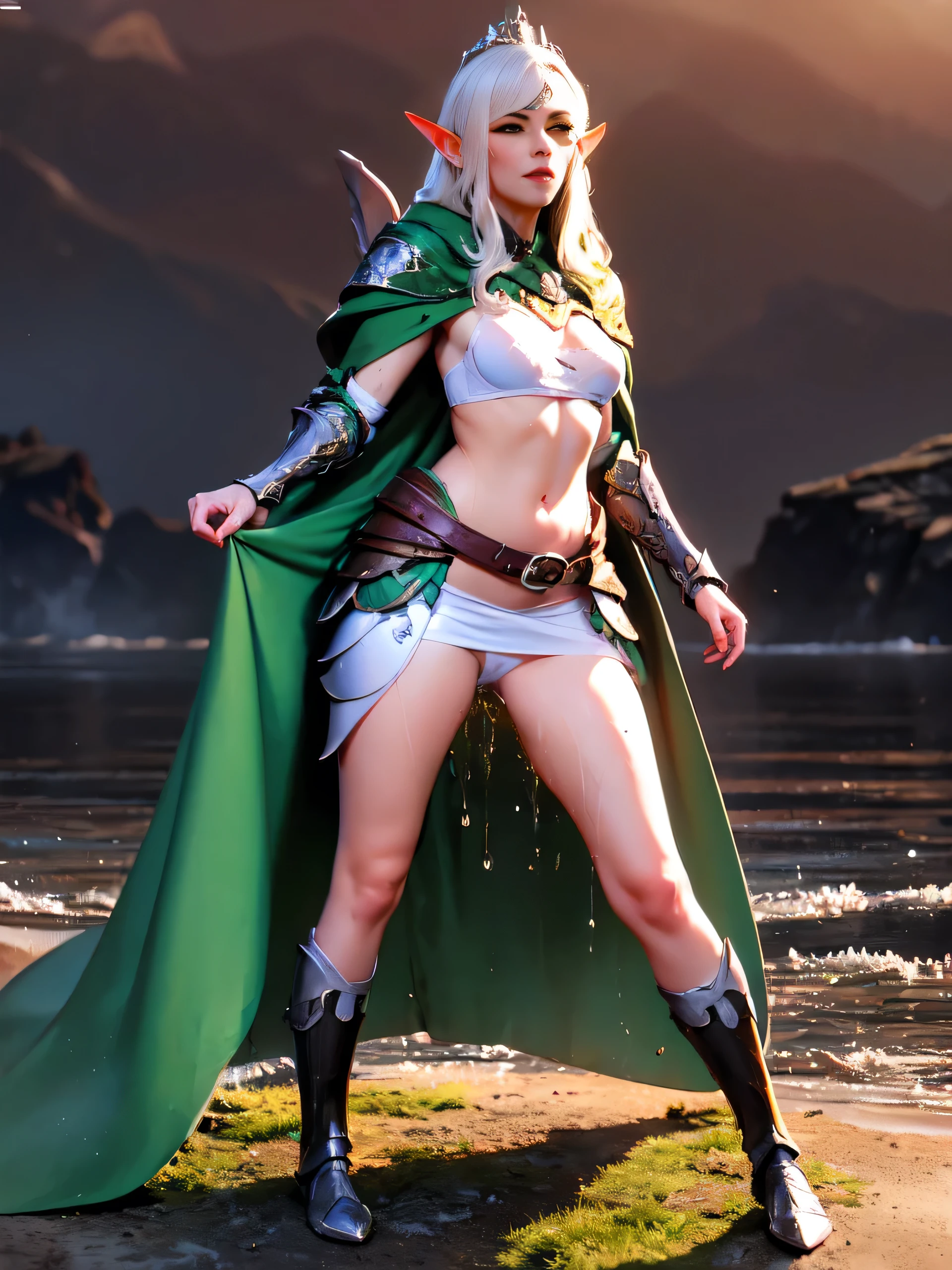 (masterpiece, clean, 8K, high res), pov, from front, full body portrait of a beautiful woman, extremely detailed face, slender body, narrow waist, black hair with blue highlights , small breasts,  wearing intricate green and white armor, ((elven chest armor, armored bra)) , elven torso armor, (green mini skirt), belt, cape, tiara,  , (legs apart), (showing panties:1.1)、(lifted skirt:1.2) , (white panties:1.5),  (standing on a rock: 1.2)、(peeing self:1.1), (pee running down legs), wet panties, wet pants, (pee spray falling between legs:1.1 ), (pee puddle:0.5 ), (droplets of yellow liquid on thighs and panties:1.1 ), (stream of yellow liquid falling between legs starting at subject crouch) , (super beautiful)、(beautiful face:1.5), sunset lighting, deep shadows, (mountain forest background) ,  an elven ranger with no bladder control 