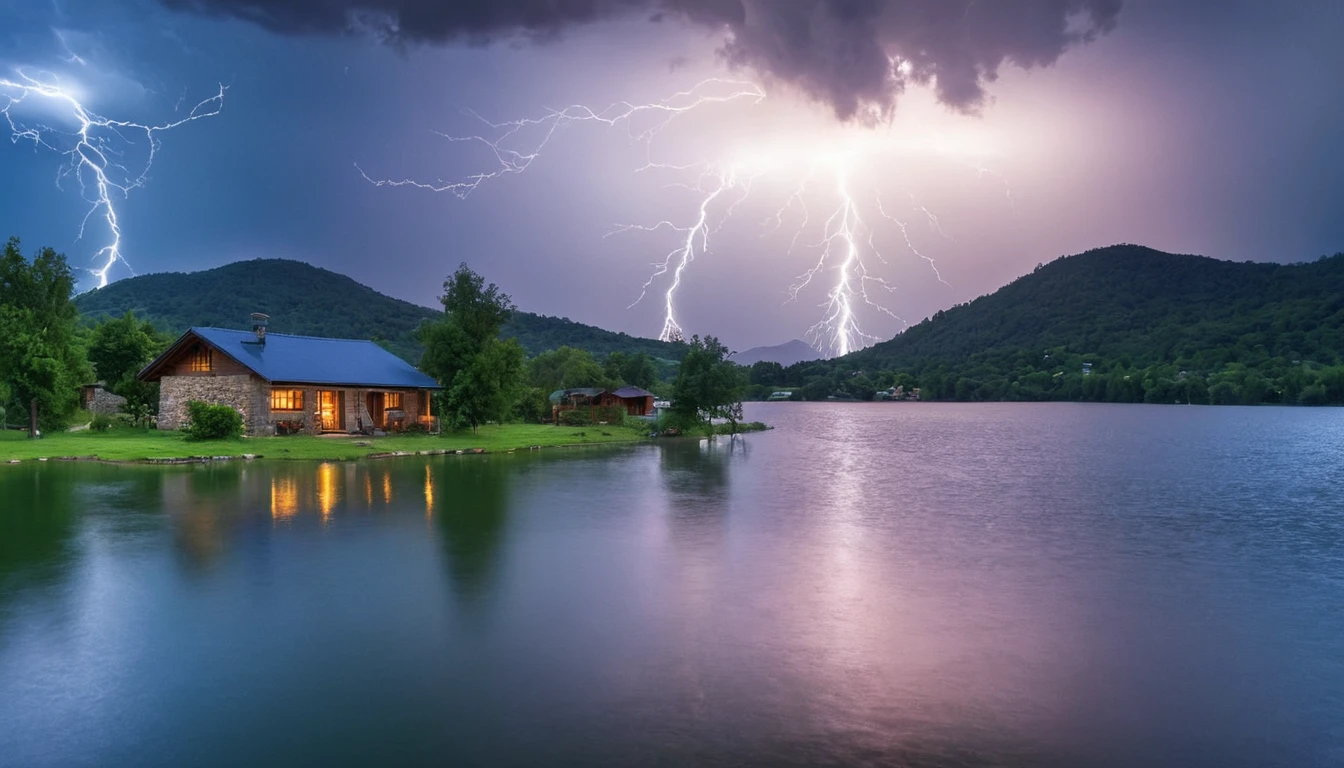 photo or a village house next to a quiet mountain lake before a thunderstorm, lightning strikes in the distance, when a thunderstorm approaches, the lake extends from foreground to background