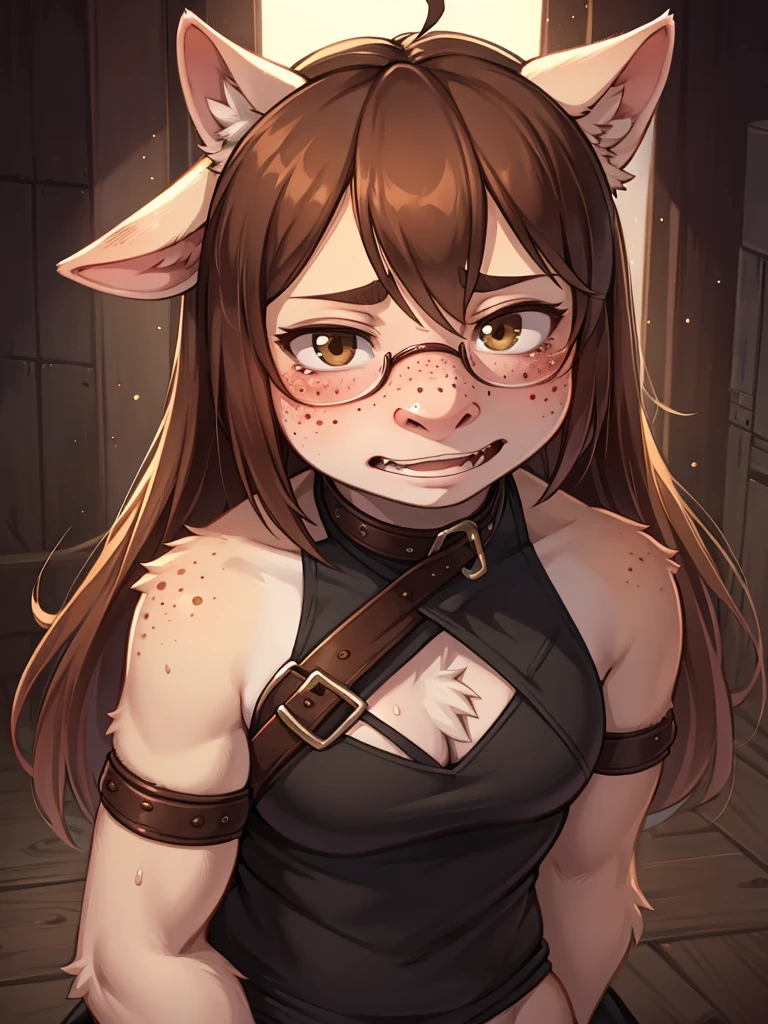 (ugly face female) , (Freckles on face:0.9) , Ugly expression , shy geek , perfect beautiful body , Trained sow , BDSM , foolish