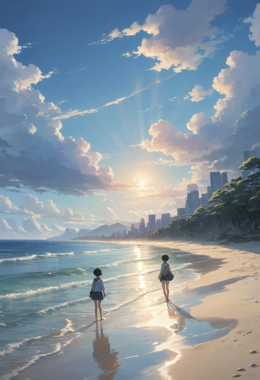 Beach , Anime Realism, The style of Makoto Shinkai and Makoto Niitsu, Highest quality, masterpiece, 8K, Representative works, Official Art, Professional, Super intricate details