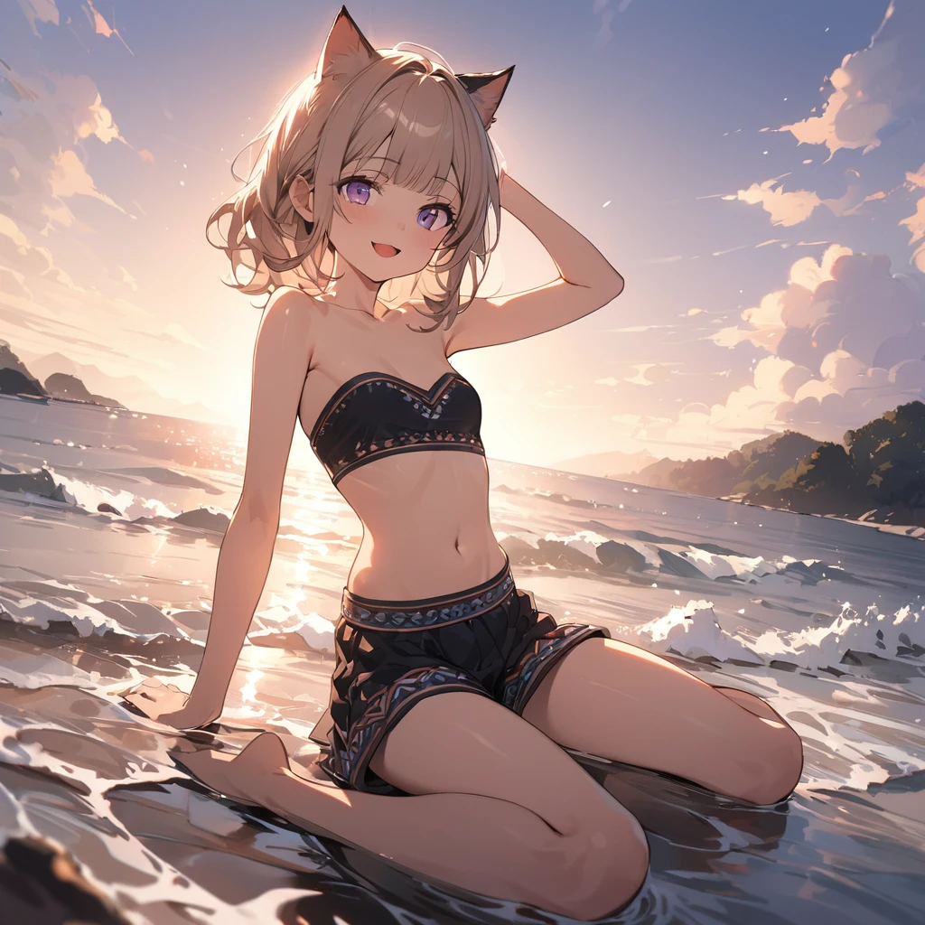 ((Masterpiece)), ((best quality)), (Anime:1.3), (super detail:1.2),(High Definition:1.3), (Professional Photography:1.2), (wide shot), cinematic lighting, (sharp focus), (perfect light), from below, ((1girl)), (()), (full body), looking up, messy medium hair, Beautiful collarbone, ((Embroidered Tribal black tubutop)), strapless, (bare arms), cute navel, (Tribal boxer shorts), (Healthy slim body), (loose blunt bangs), Slender body, glossy skin, (naughty smile), open mouth, ((Beautiful purple eyes)), Textured skin, (Cat ears), (Pale brown hair), Cute Beautiful Girl, (slightly exposed medium breast), BREbest quality)), (full body), ((1girl)), ((loose arm up)), (loose sitting on the shoreline at dawn), (sharp focus), (perfect light),