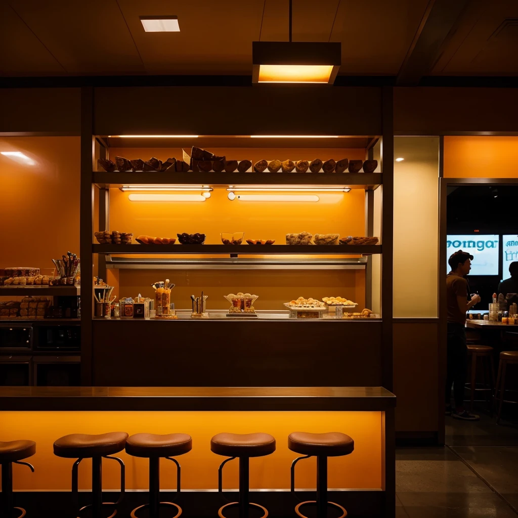 I need a picture of a very well decorated snack bar with modern architecture based on the color orange and dark lighting.