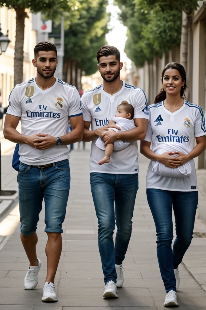 A cute man with the Real Madrid shirt, a woman with the Real Madrid shirt, the two of them carrying a baby with the Real Madrid shirt.