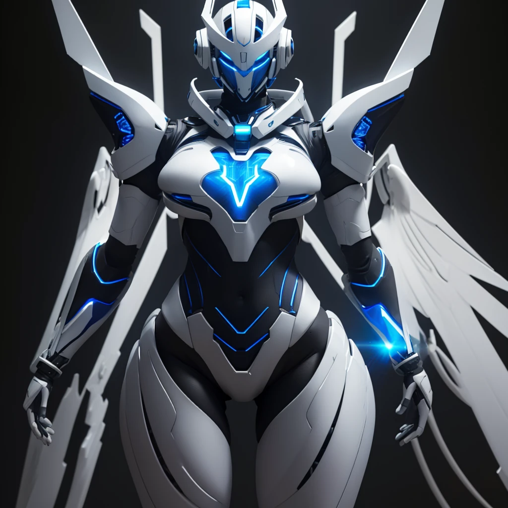 Dronificated unknown woman in a fully enclosed white latex fullbody suit with blue lights across the suit and star shaped glowing core in the chest, fully enclosed cyber helmet that cover her whole face and hides her identity with a blue screen that has a white star, huge breast, massive chest, narrow waist, wide hips and thick thighs, open Mechanical wings, in a spaceship, no face, no hair, no mouth, no eyes, (perfect anatomy)