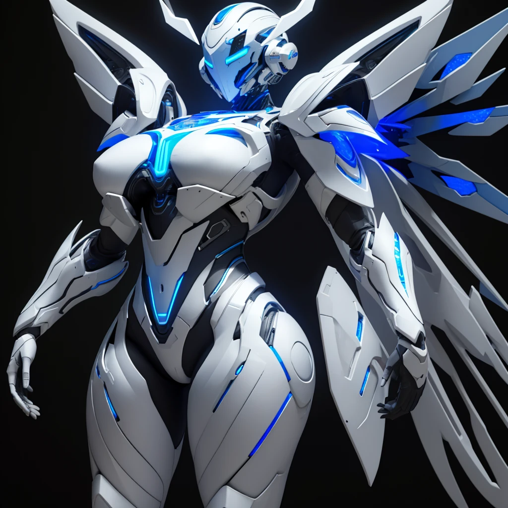 Dronificated unknown woman in a fully enclosed white latex fullbody suit with blue lights across the suit and star shaped glowing core in the chest, fully enclosed cyber helmet that cover her whole face and hides her identity with a blue screen that has a white star, huge breast, massive chest, narrow waist, wide hips and thick thighs, open Mechanical wings, in a spaceship, no face, no hair, no mouth, no eyes, (perfect anatomy)