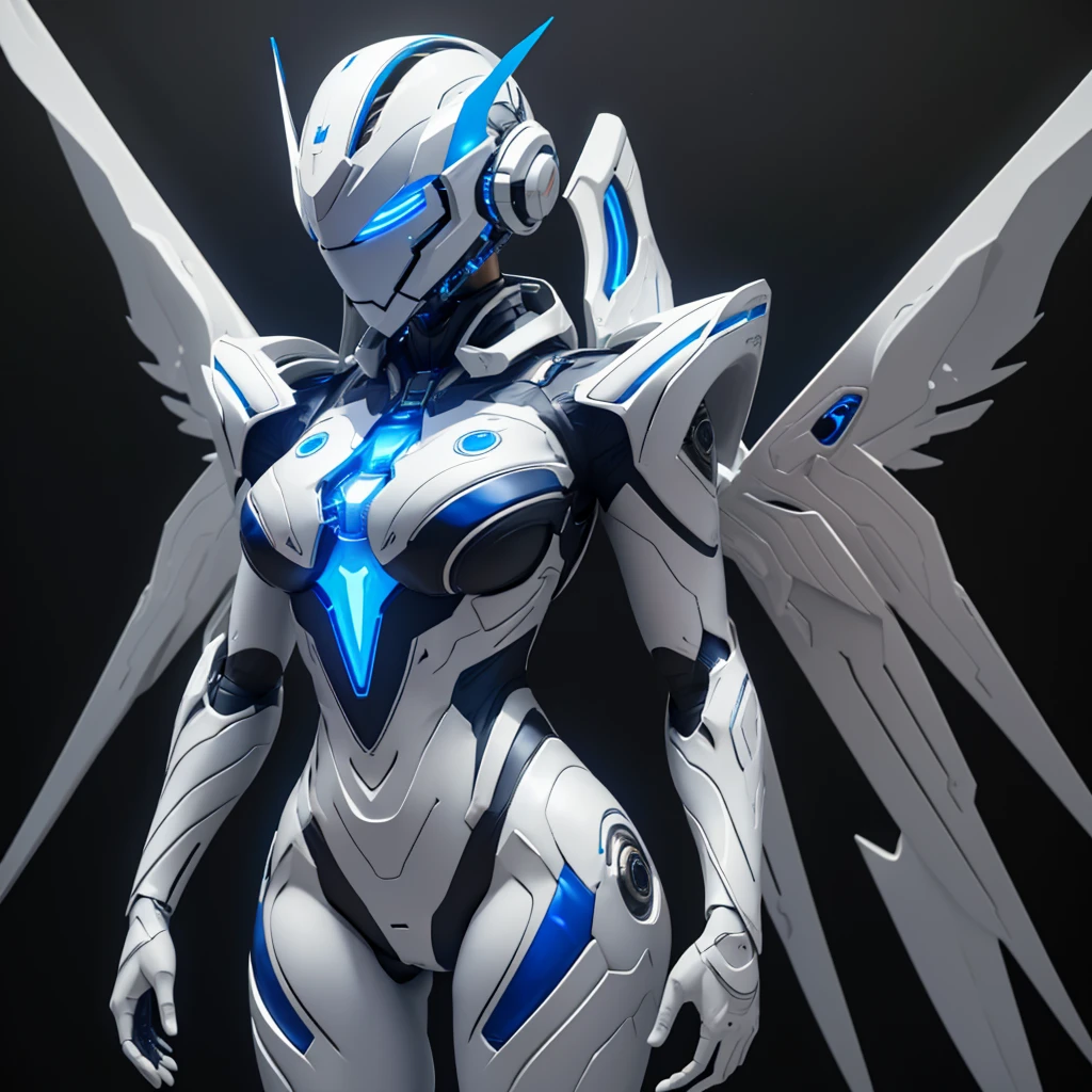 Dronificated unknown woman in a fully enclosed white latex fullbody suit with blue lights across the suit and star shaped glowing core in the chest, fully enclosed cyber helmet that cover her whole face and hides her identity with a blue screen that has a white star, huge breast, massive chest, narrow waist, wide hips and thick thighs, open Mechanical wings, in a spaceship, no face, no hair, no mouth, no eyes, (perfect anatomy)