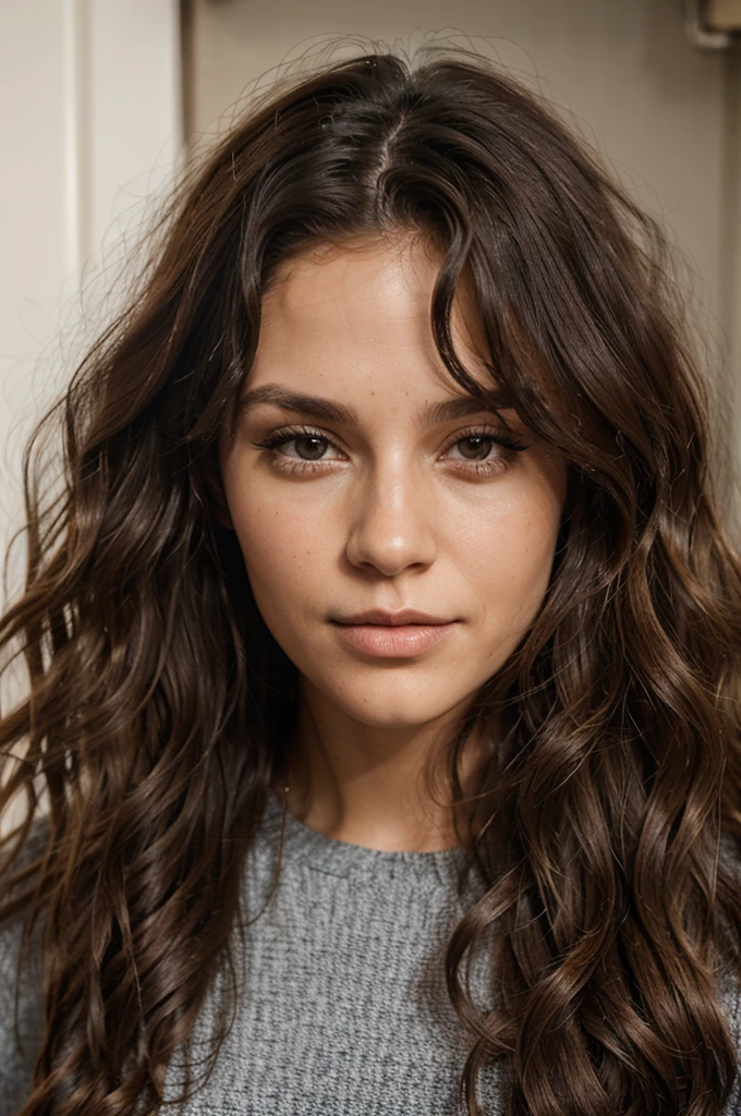 Create an Influential Woman, role model, 30years, wavy hair, frontal portrait 