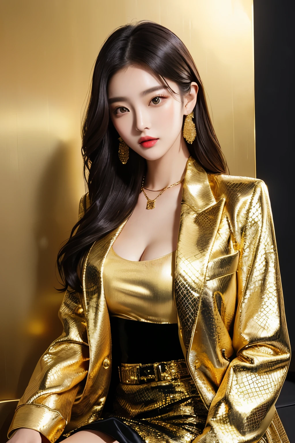 Beautiful woman taking pictures wearing gold jacket and black skirt, Gold Suit, gold clothes, Shiny gold, wearing a colorful jacket, in a Gold Suit, wearing a jacket and skirt, Shiny golden, Wearing a fashion suit, Gold Suit jacket in snake print, gilded clothes, Korean female fashion model