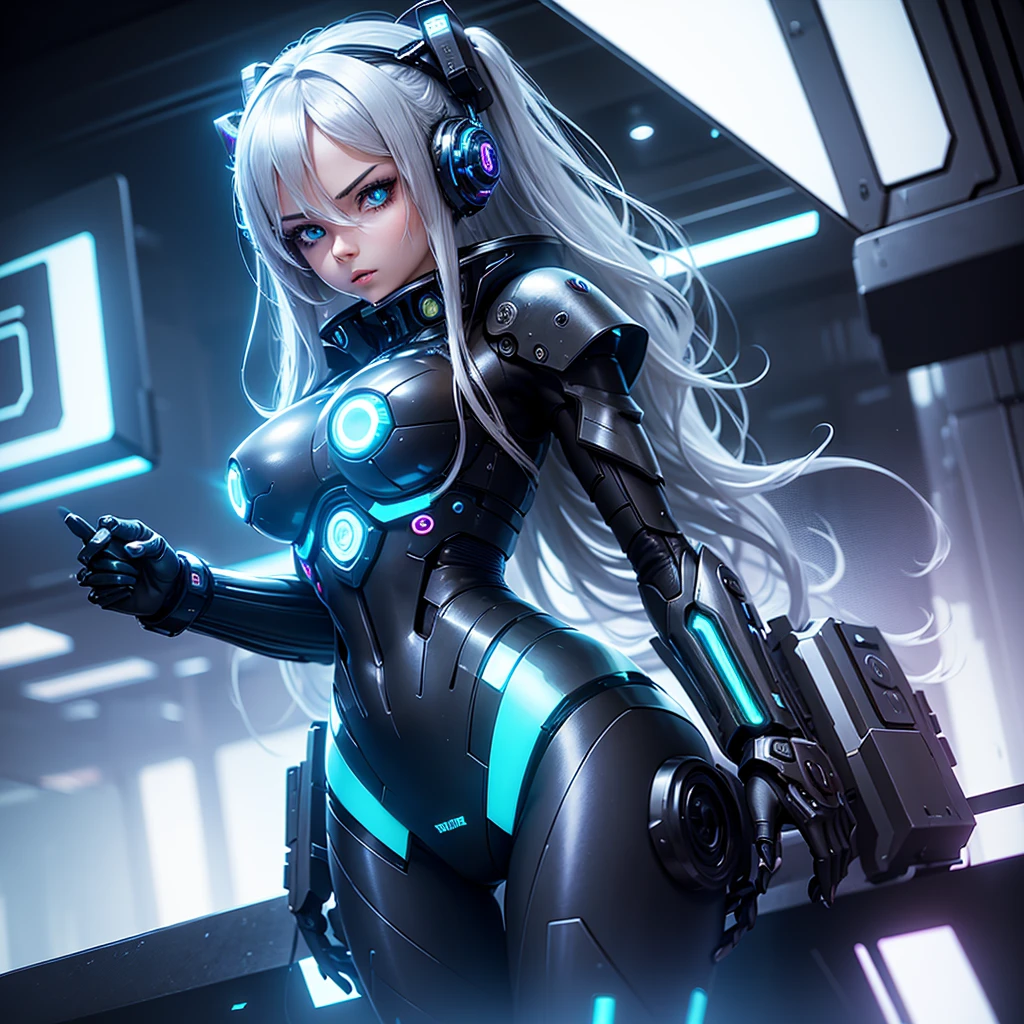  Android girl with long silver hair in a black suit with small blue elements woman sexy hips and bust half cyborg modification Beautiful sexy with bright eyes stands half-turned sideways Anime Style background Cyberpunk metropolis glass showcases neon lights style, Robot Girl, gloomy image background with white glow lines night black city and neon lights 