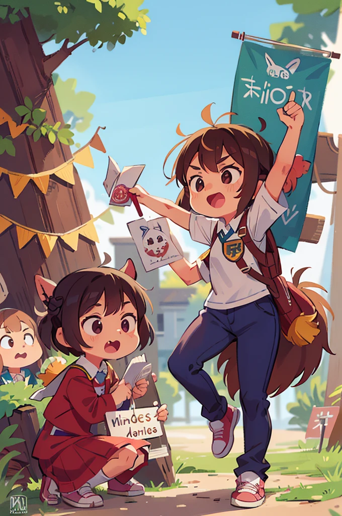 create an animal school mascot holding a banner with the name of the school izaura de almeida silva