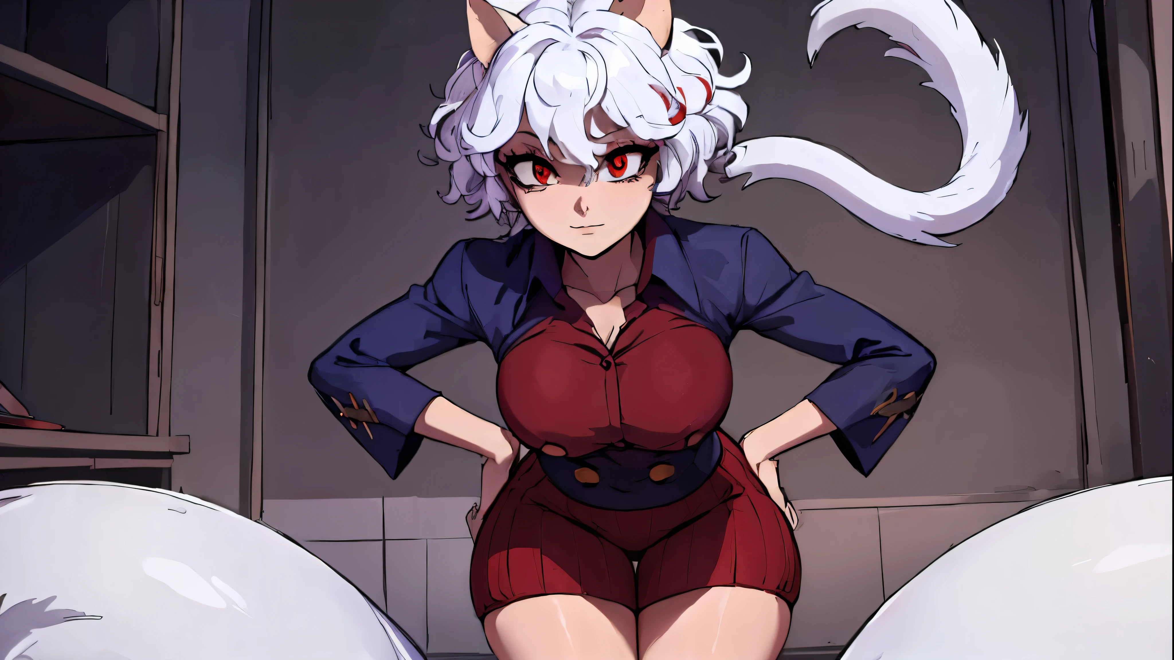 neferpitou, neferpitou, short hair, (red eyes:1.5), animal ears, hair between eyes, tail, white hair, cat ears, cat tail, cat girl, curly hair, thick thighs, gigantic breasts, thin waist, high heels, evil smile, BREAK long sleeves, shorts, striped, buttons, brown shorts, shirt, collared shirt, blue shirt, BREAK looking at viewer, BREAK indoors, classroom, (cowboy shot:1.5), BREAK (masterpiece:1.2), best quality, high resolution, unity 8k wallpaper, (illustration:0.8), (beautiful detailed eyes:1.6), extremely detailed face, perfect lighting, extremely detailed CG, (perfect hands, perfect anatomy),