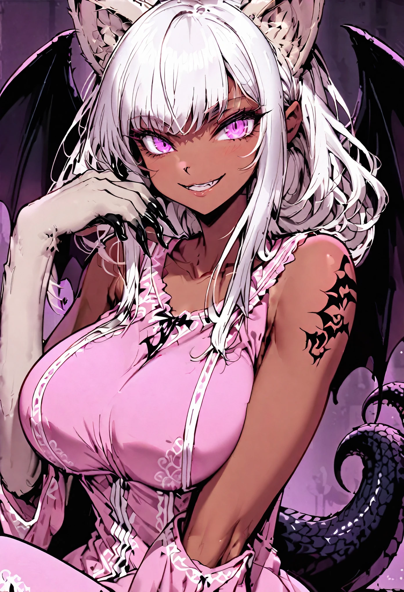 Solo, female, cat ears, long white hair, deep dark pink eyes, huge woman, tall, broad shoulders, large breasts, bedroom, white furry claws, (((furry arms))), pink negligee, smile, tan skin, white and brown fur, close up, huge bat wings, ((scorpion tail)), shy smile, paws, looming over viewer, massive forearms