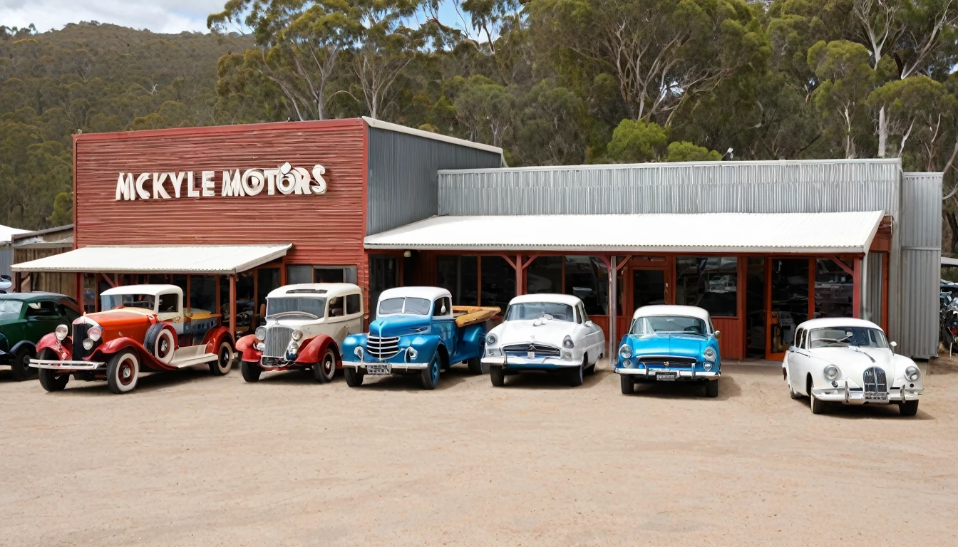 Image 8: McKyle Motors Store
Description: The facade of the McKyle Motors Store in Copper Springs, close to City Hall. Various car models are on display, with the brands Nordic, Hauler and Limack visible in the shared space.
Location: Sandover, Australia.
