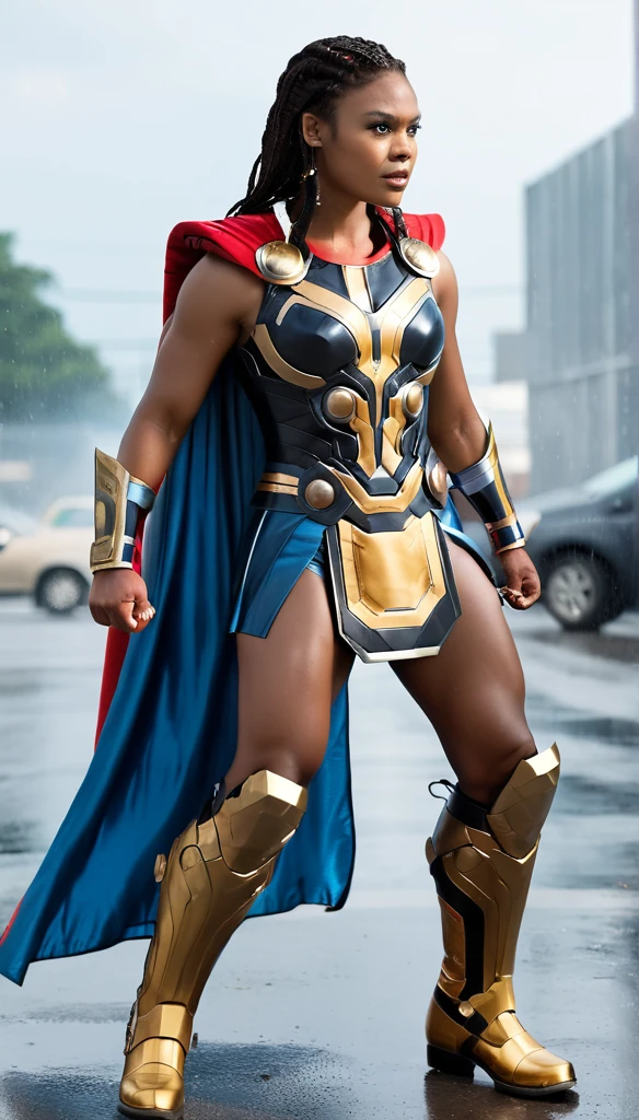 cinematic photo RAW candid cinema,  (((black skin woman dressed as Thor))) full body pose in the centre of a cyclone, 16mm, ((remarkable color)), (ultra realistic)  . 35mm photograph, film, bokeh, professional, 4k, highly detailed