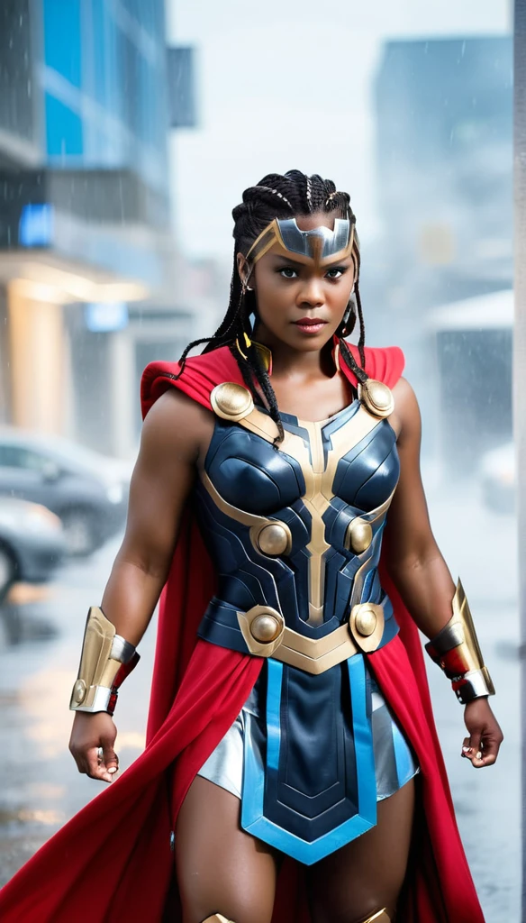 cinematic photo RAW candid cinema,  (((black skin woman dressed as Thor))) full body pose in the centre of a cyclone, 16mm, ((remarkable color)), (ultra realistic)  . 35mm photograph, film, bokeh, professional, 4k, highly detailed