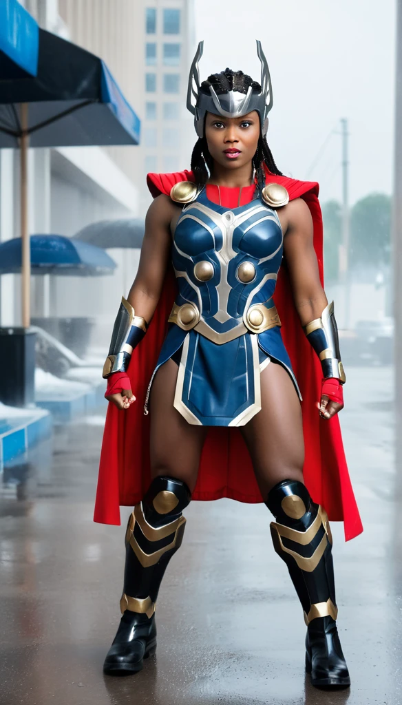 cinematic photo RAW candid cinema,  (((black skin woman dressed as Thor))) full body pose in the centre of a cyclone, 16mm, ((remarkable color)), (ultra realistic)  . 35mm photograph, film, bokeh, professional, 4k, highly detailed