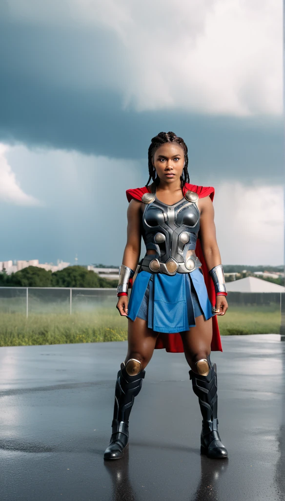 cinematic photo RAW candid cinema,  (((black skin woman dressed as Thor))) full body pose in the centre of a cyclone, 16mm, ((remarkable color)), (ultra realistic)  . 35mm photograph, film, bokeh, professional, 4k, highly detailed