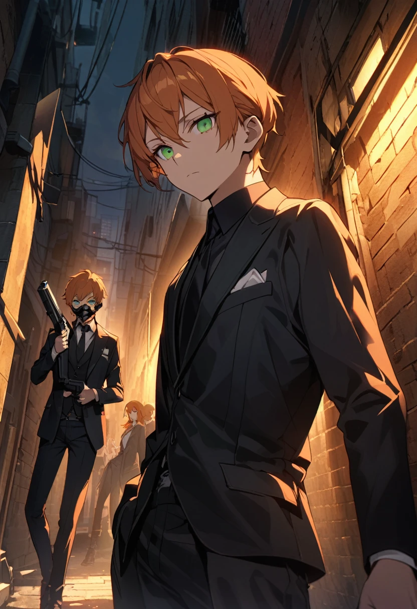 One man、Beautiful eyes、Orange Hair、Green Eyes、ハイライトのBeautiful eyes、evening、Dark Back Alley、Holding a gun、Pistol、Black suit、Long sleeve、Cool angle、Point the muzzle at us、Expressionless、cool、Upper Body、Pistolを向ける、Pistolを構える、