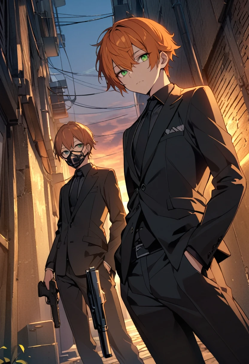 Beautiful eyes、Orange Hair、Green Eyes、ハイライトのBeautiful eyes、evening、Dark Back Alley、Holding a gun、Pistol、Black suit、Long sleeves and pants、Cool angle、Point the muzzle at us、Expressionless、cool