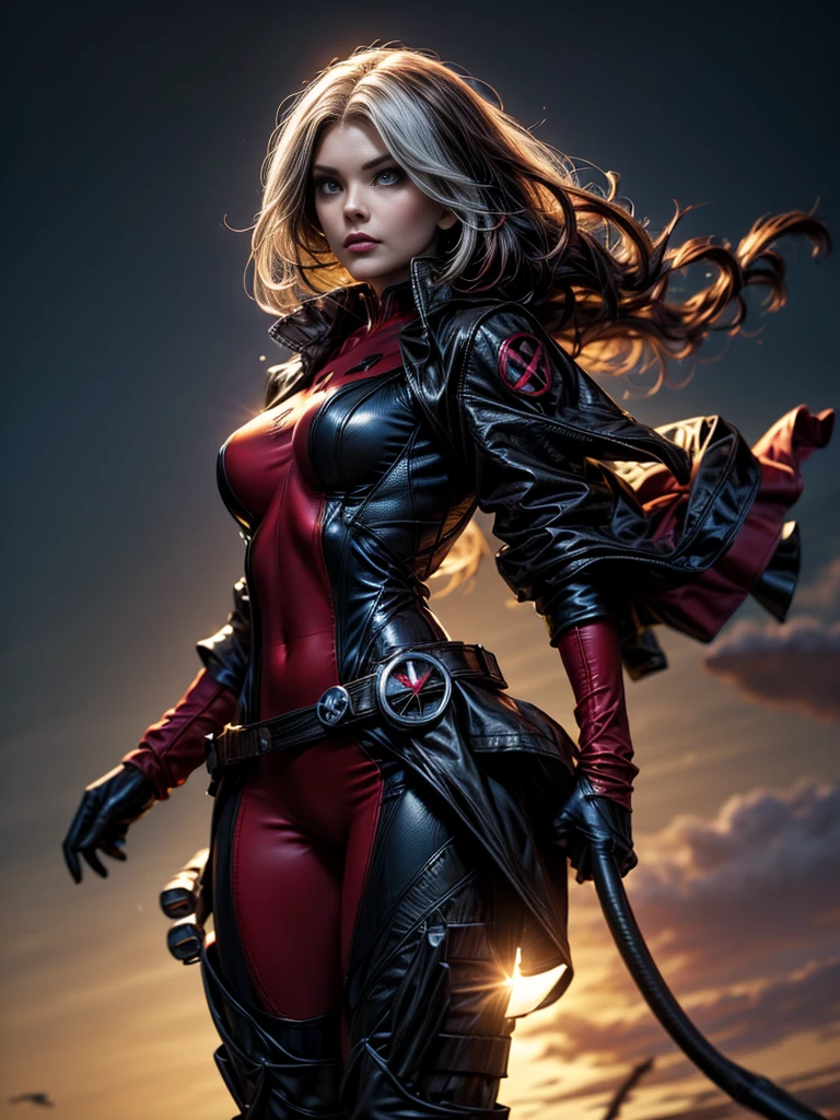 Elisha Cuthbert、masterpiece、High quality 4K、villain (X-Men)、Gothic Girl、Sculpted Body Gothic Makeup、Black jacket、Red and blue bodysuit、masterpiece、Highest quality、Cowboy Shots、One personの女の子、One person、Technology Military Bodysuit、fringe