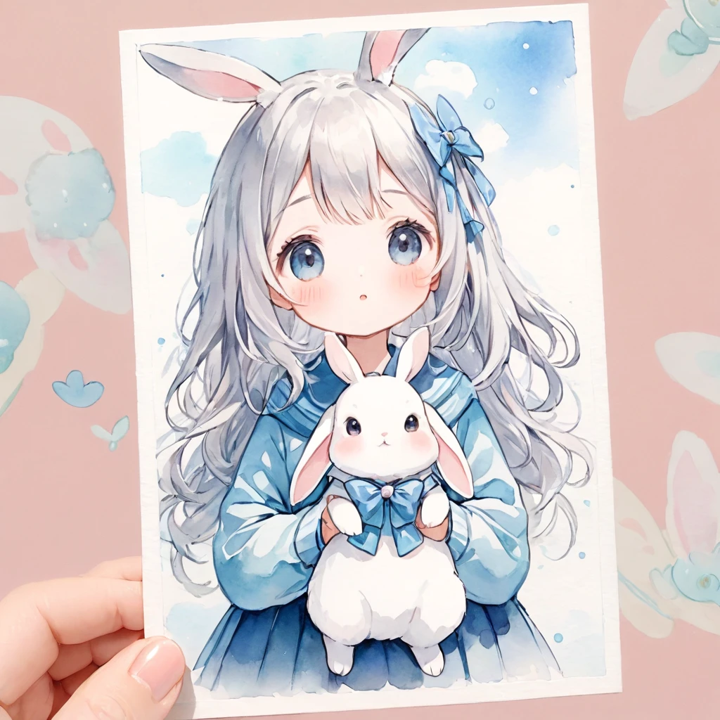 Masterpiece, Best Quality, absurdities, illustration, watercolor,
1 girl, 1 rabbit, cartoon character, kawaii, beautiful, mascot character, fuwafuwa,silver hair,
postcard,
