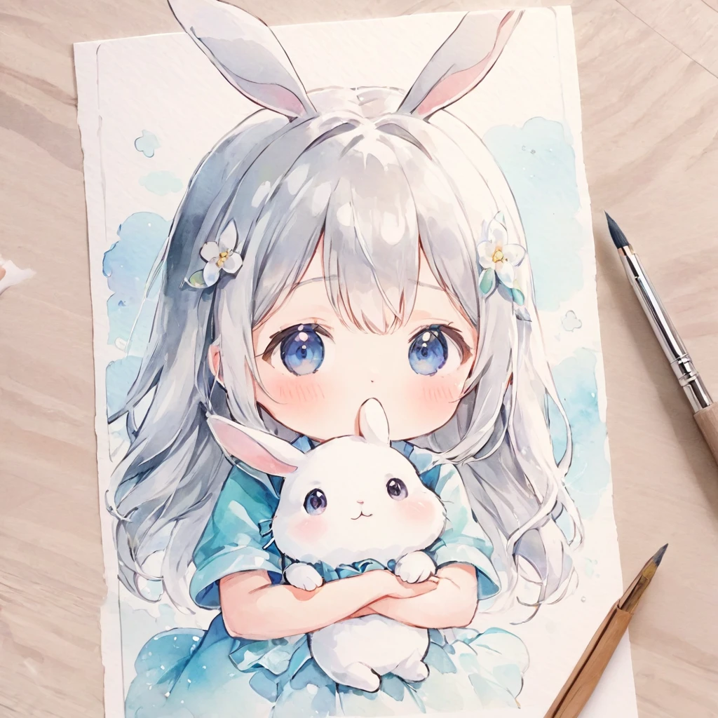 Masterpiece, Best Quality, absurdities, illustration, watercolor,
1 girl, 1 rabbit, cartoon character, kawaii, beautiful, mascot character, fuwafuwa,silver hair,
postcard,