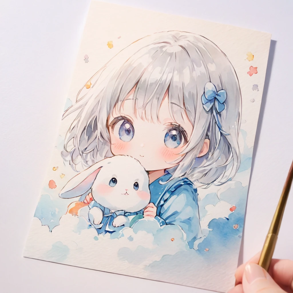 Masterpiece, Best Quality, absurdities, illustration, watercolor,
1 girl, 1 rabbit, cartoon character, kawaii, beautiful, mascot character, fuwafuwa,silver hair,
postcard,