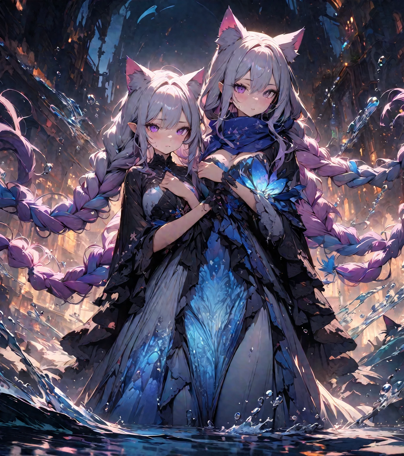 (masterpiece, illustration, best quality:1.5), insanely beautiful black ice SKADI little sister, 2 girls, yinji, purple hair, ((purple black cat ears)) purple eyes, long hair, cat fluffy ears, white hair, double braids, gradient hair, water blue body painting, global illumination, finely detailed, beautiful defined detailed face, beautiful detailed eyes, beautiful detailed shading, highly Detailed body, finely detailed, (3_water_droplets), tilted halos, full body, body lightly covered with frost, frosty wild hair, water elements, water drops, water ,pointy ears, majestic dress, blue makeup , jowelery, and wet atmosphere, , full body focus, beautifully detailed background, cinematic, K, UHD, by Li Yue, pink and blue gems , transparent sky blue scarf , royal blue dress