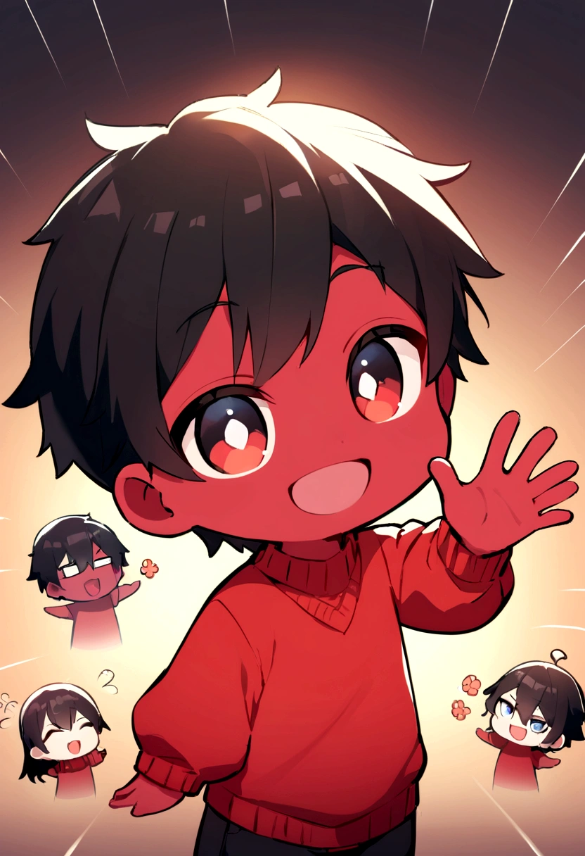 ((best quality)), (chibi style) (twich emoticon). A boy with black hair, red skin, black right eye and blue left eye, wearing a red sweater, waving with his right hand while smiling,