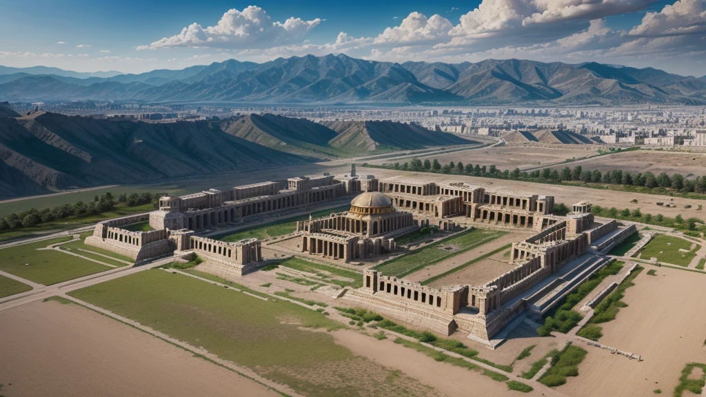 Create the image of the ancient city of Shushan, highlighted by the ancient palace of King Xerxes I, great king of the Persian empire.
I want an aerial image of the city with emphasis on the large and luxurious palace.
I want a high-definition, 8k image, hand defects or blurs.