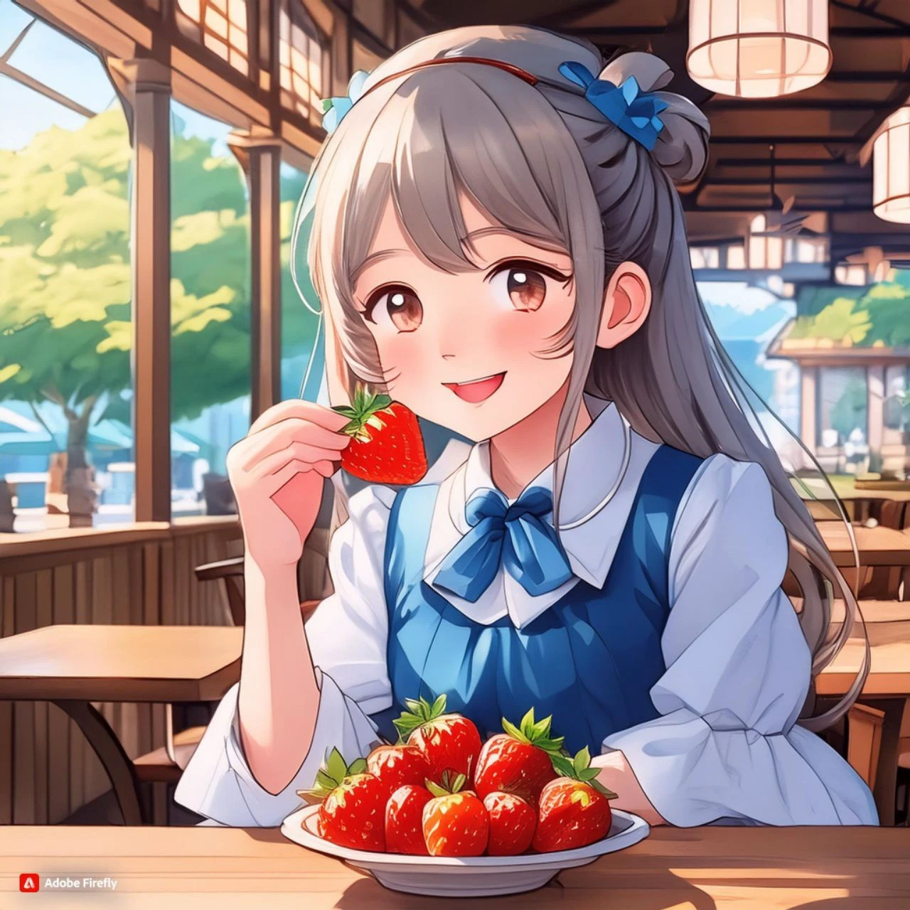 Strawberries at the cafe、fruits、Eating cake anime