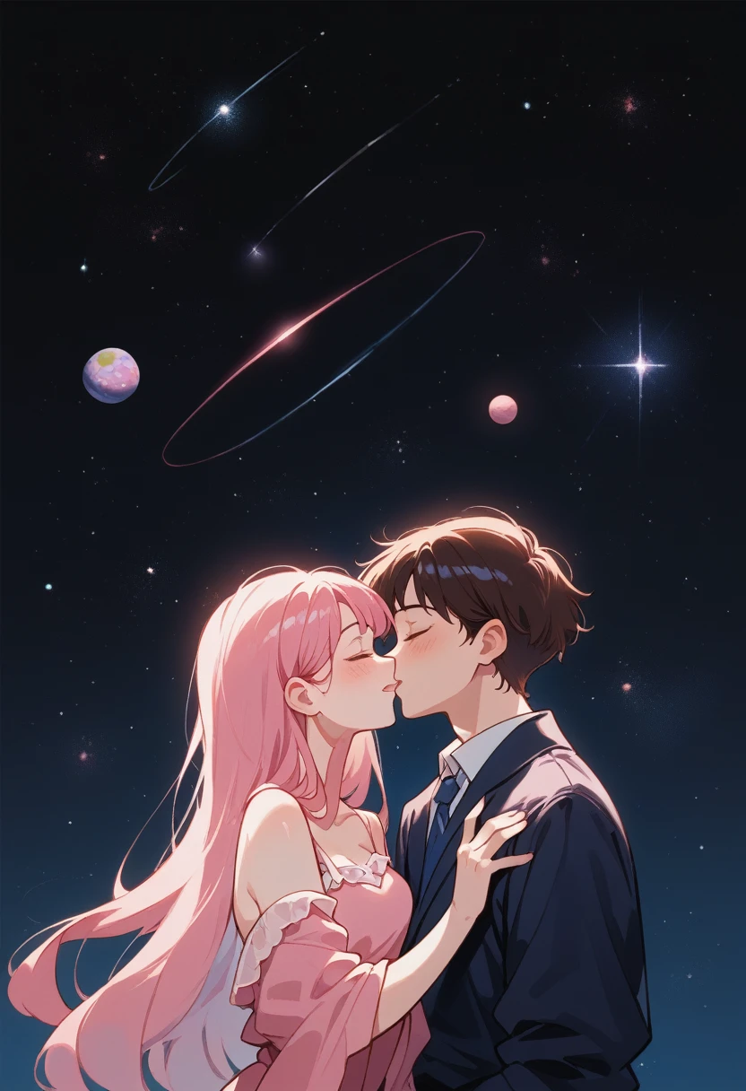 they are поцелуи in front of a galaxy and big pink planet ночью, big pink planet in the background, поцелуи together cutely, couple поцелуи, They are in love, taken at night, Space in the background, boy and girl