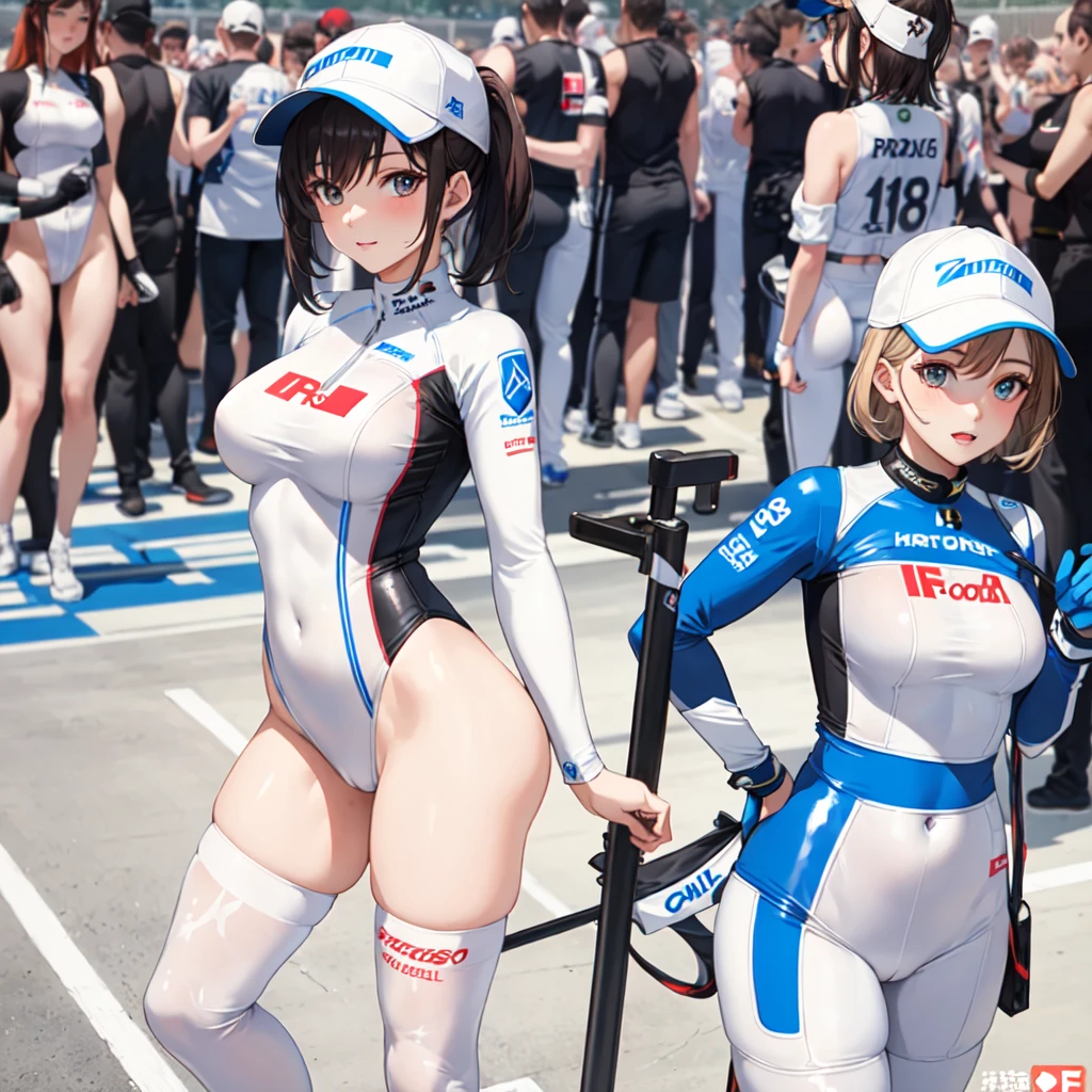 (masterpiece, best quality: 1.2), pretty girl, 18 yo, (white, race queen), (fight-fitting grid girl outfit with sponsor's logo printed:1.3), tight-fitting high leg leotard, long-sleeve latex leotard, medium breasts, cowboy shot, looking at viewer,
 short hair, 