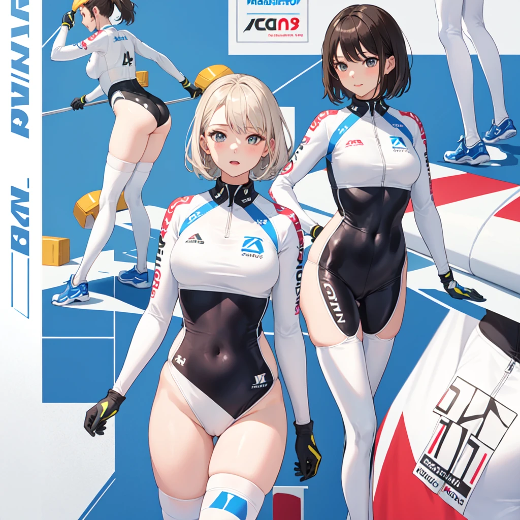 (masterpiece, best quality: 1.2), pretty girl, 18 yo, (white, race queen), (fight-fitting grid girl outfit with sponsor's logo printed:1.3), tight-fitting high leg leotard, long-sleeve latex leotard, medium breasts, cowboy shot, looking at viewer,
short hair,