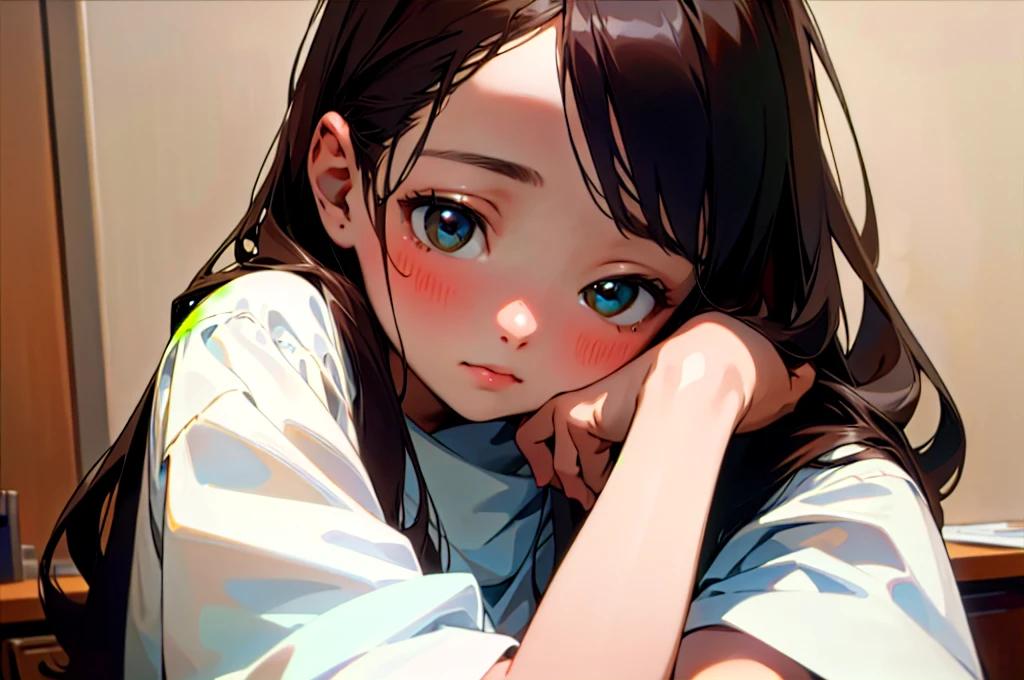 (Highest quality, masterpiece, Ultra-realistic), Beautiful and delicate15Year-old girl portrait, With a calm and gentle expression, The background scene shows me studying at my desk in my room at home.。