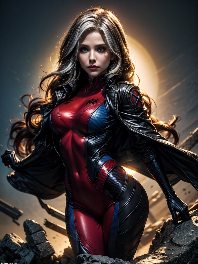 Kristen Bell、masterpiece、High quality 4K、villain (X-Men)、Gothic Girl、Sculpted Body Gothic Makeup、Black jacket、Red and blue bodysuit、masterpiece、Highest quality、Cowboy Shots、One personの女の子、One person、Technology Military Bodysuit、fringe