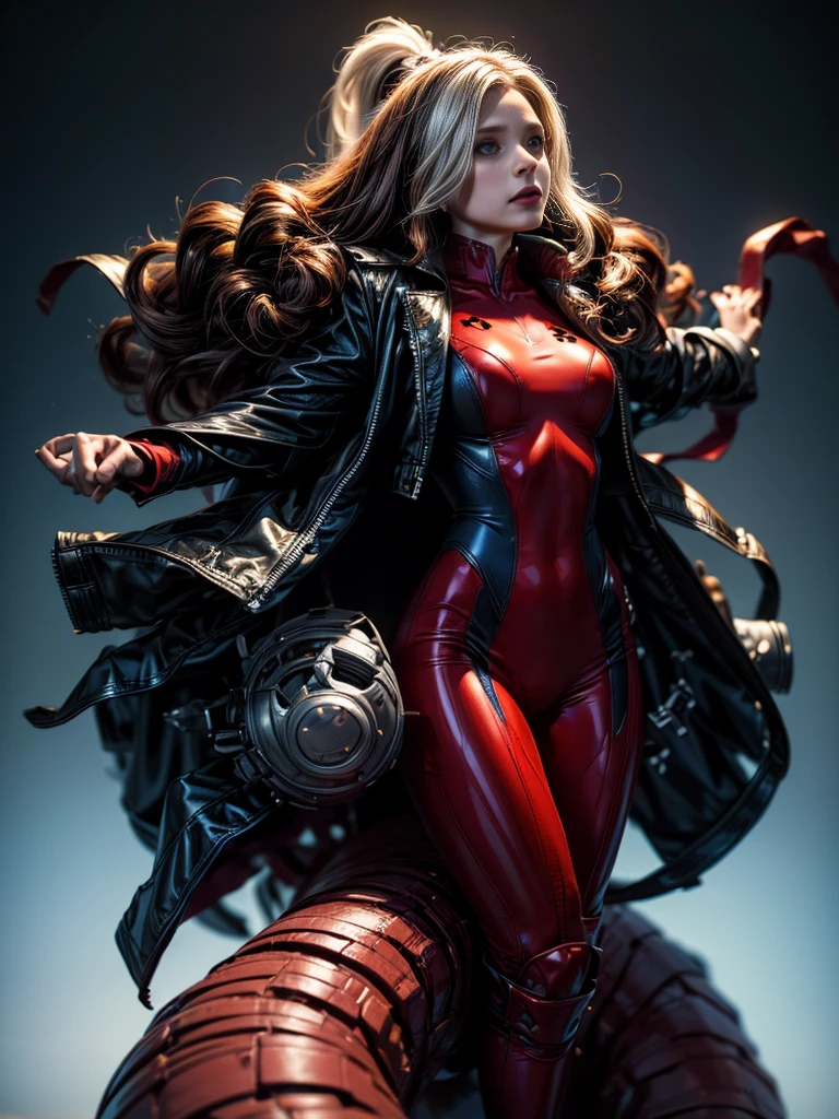 Kristen Bell、masterpiece、High quality 4K、villain (X-Men)、Gothic Girl、Sculpted Body Gothic Makeup、Black jacket、Red and blue bodysuit、masterpiece、Highest quality、Cowboy Shots、One personの女の子、One person、Technology Military Bodysuit、fringe