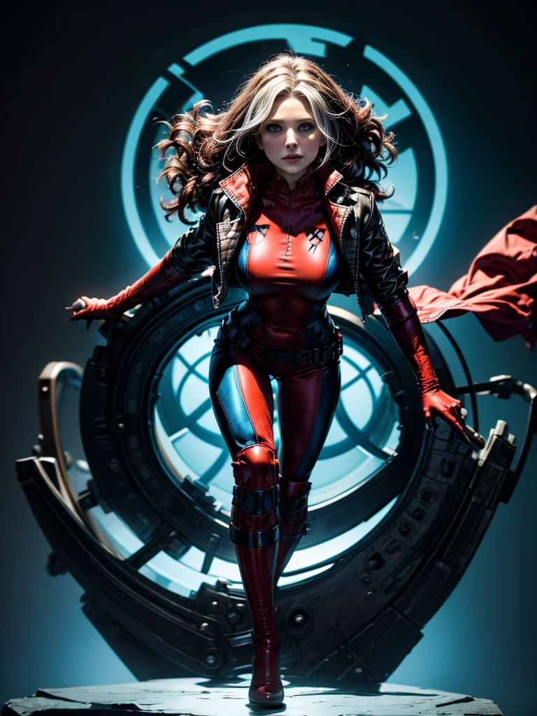 Kristen Bell、masterpiece、High quality 4K、villain (X-Men)、Gothic Girl、Sculpted Body Gothic Makeup、Black jacket、Red and blue bodysuit、masterpiece、Highest quality、Cowboy Shots、One personの女の子、One person、Technology Military Bodysuit、fringe