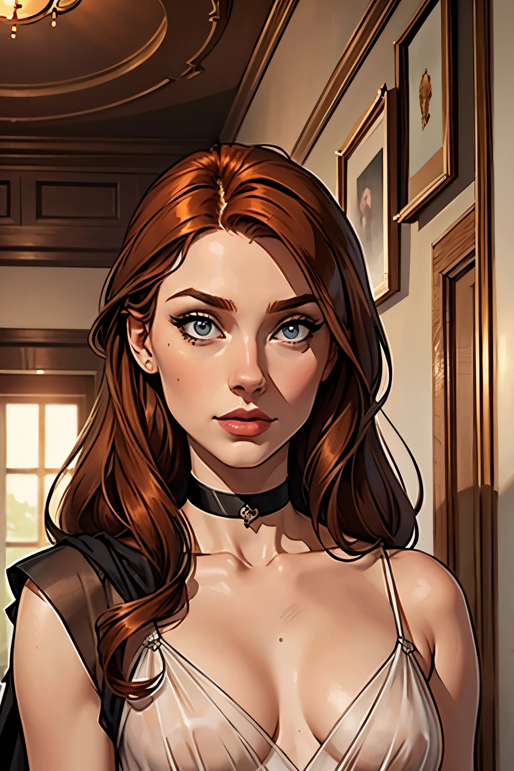 best qualityer, work of art, (realisitic: 1.2), 1 girl, slender girl, ginger hair, eyes browns, 3/4 view, face detailed, gorgeous eyes, eyes gray, eyes large, breasts small, choker, see through gown