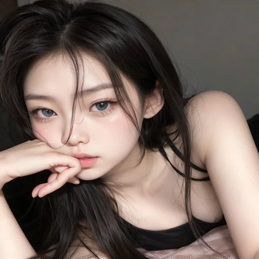 An Asian girl blonde hair dark background