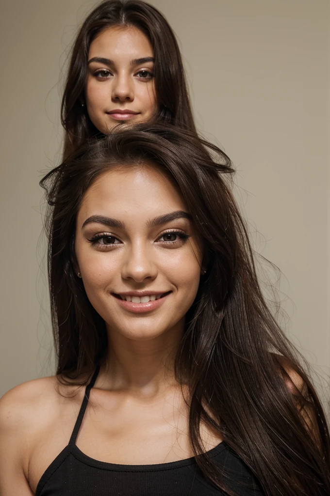Create an influence brunette dark eyes smiling straight hair frontal portrait