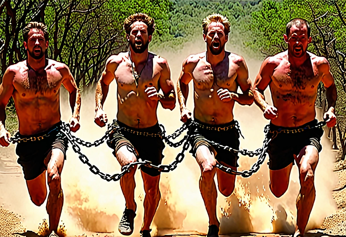 4 white men chained at the waist running through hell (chains pass between men's waists), simple clothes and bare feet,