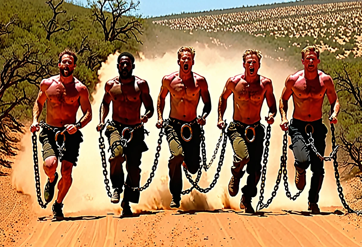 4 white men chained at the waist running through hell (chains pass between men&#39;s waists), simple clothes and bare feet,