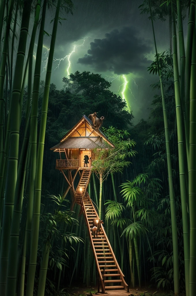 a parable of a monkey leaving his tree house, with rain outside, with lightning and thunder , In the middle of the dense jungle there are many trees , In the middle of the trees there are lights with thunder flashes , there is a bamboo slide, green full of leaves, with a consoling landscape for a beautiful story to tell.