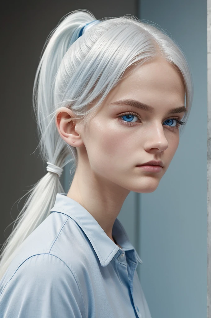 a young boy of 21 years, 170cm tall, sexy, handsome, White hair reaches past her shoulders, long enough to pull into a small ponytail., very light blue eyes, porcelain white skin and a toned body, of medium thin build, like a small face, large eyes, expression of indifference, small nose, full but not exaggerated lips