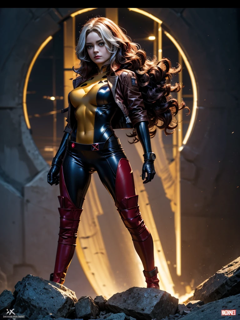 Brie Larson、masterpiece、High quality 4K、villain (X-Men)、Gothic Girl、Sculpted Body Gothic Makeup、Black jacket、Red and blue bodysuit、masterpiece、Highest quality、Cowboy Shots、One personの女の子、One person、Technology Military Bodysuit、fringe