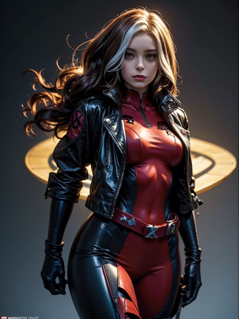 Brie Larson、masterpiece、High quality 4K、villain (X-Men)、Gothic Girl、Sculpted Body Gothic Makeup、Black jacket、Red and blue bodysuit、masterpiece、Highest quality、Cowboy Shots、One personの女の子、One person、Technology Military Bodysuit、fringe
