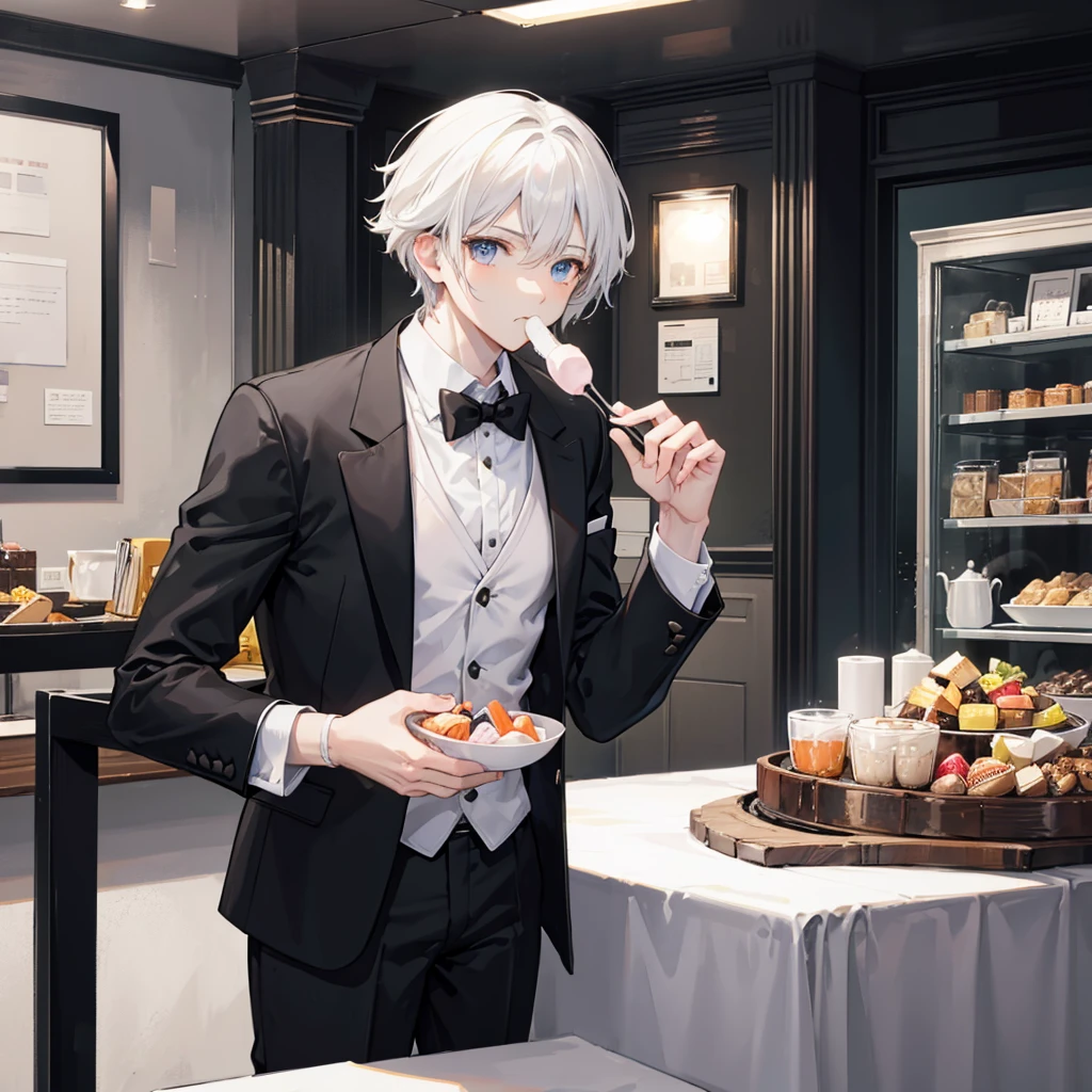 1 strong male, eating sweets, small cafe, black and white formal suit